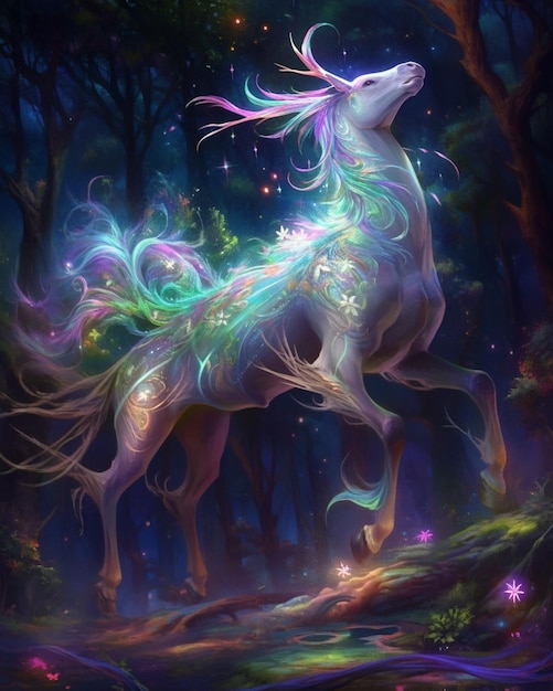 Pittura di un unicorno in una foresta con una scia di stelle generativa ai