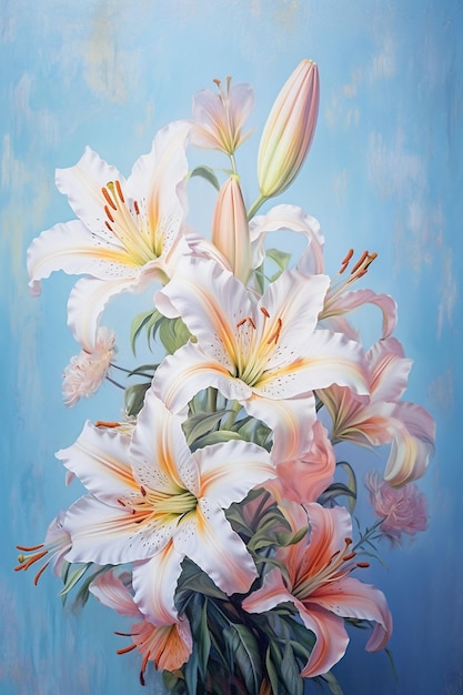 Pittura di un vaso di fiori bianchi e rosa su uno sfondo blu