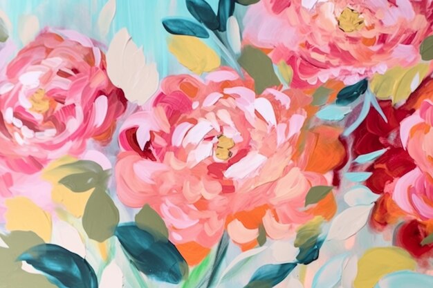 Pittura di un vaso di fiori con fiori rosa e rossi generativo ai