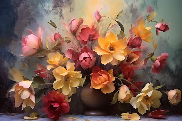 pittura di un vaso di fiori con petali su un tavolo generativo ai