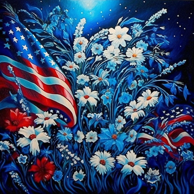 Pittura di una bandiera patriottica e fiori in un campo generativo ai