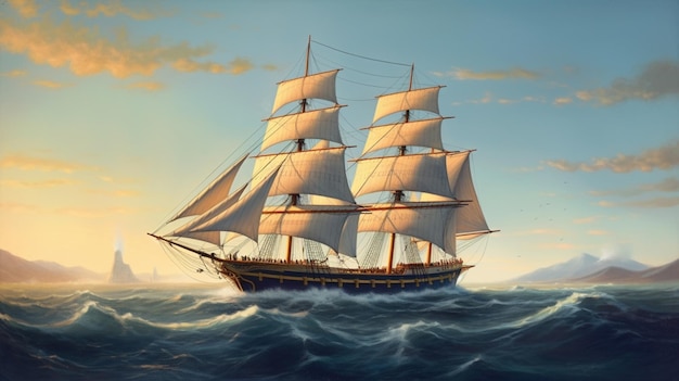 Pittura di una barca a vela nell'oceano con una montagna sullo sfondo