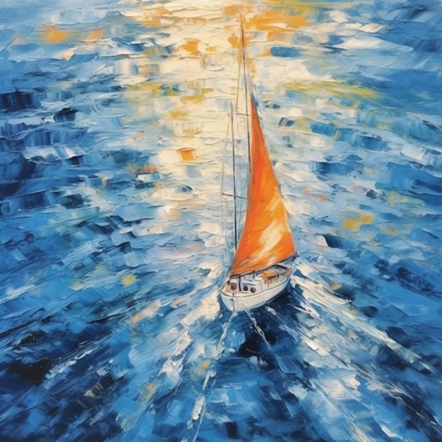 Pittura di una barca a vela nell'oceano con una vela arancione brillante generativa ai