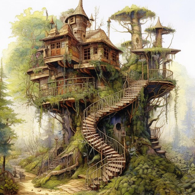 pittura di una casa sull'albero con scale che portano a un secondo piano generativo ai