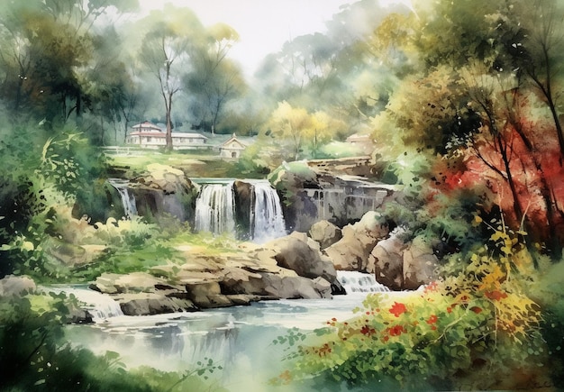 Pittura di una cascata in una zona boscosa con una casa sullo sfondo