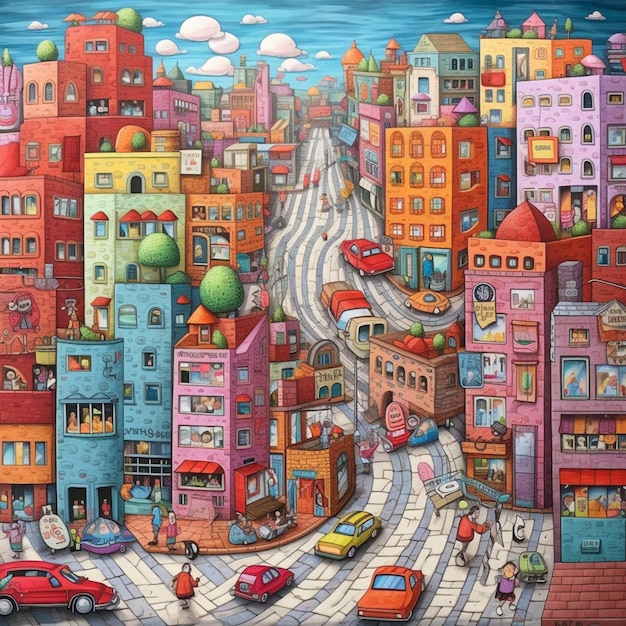 Pittura di una città con auto e persone su una strada generativa ai