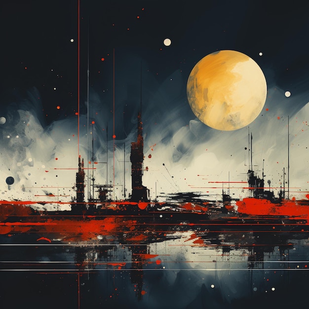 Pittura di una città con la luna piena sullo sfondo generativa ai