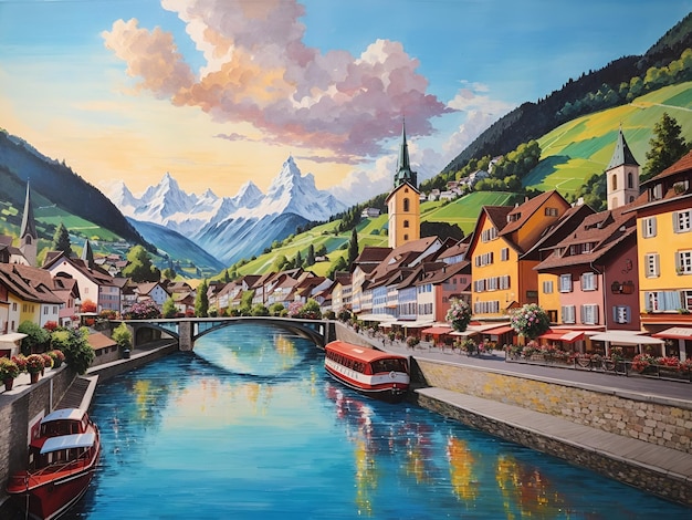 Pittura di una città svizzera sul fiume Reno