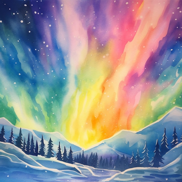 Pittura di una colorata aurora bore con alberi e neve generativa ai
