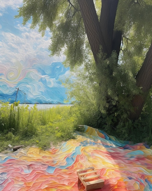 Pittura di una coperta colorata su una coberta sotto un albero generativo ai