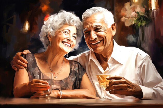 Pittura di una coppia anziana che tiene in mano un bicchiere di vino