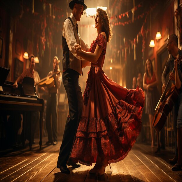 Pittura di una coppia che balla in una sala da ballo Una donna con un vestito rosso che balla con un uomo al chiaro di luna