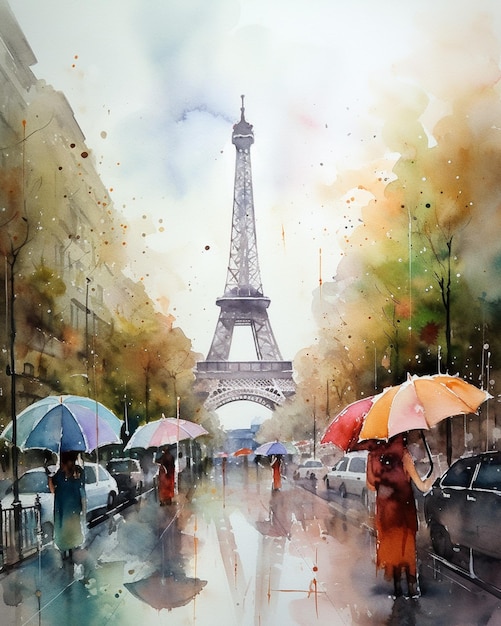 Pittura di una coppia che cammina per una strada con ombrelli generative ai