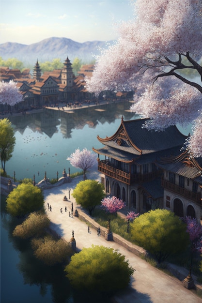 Pittura di una costruzione di stile cinese con il fiume ed il ponte generativo ai