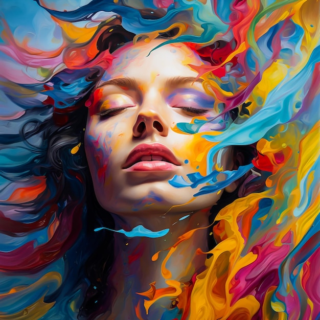 Pittura di una donna con gli occhi chiusi fatta di vortici colorati sfondo di arte astratta