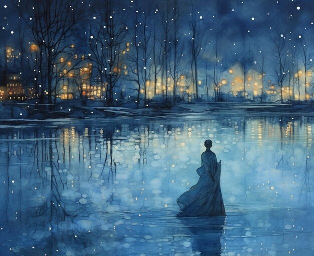 Pittura di una donna con un vestito lungo in piedi in un lago di notte generativo ai