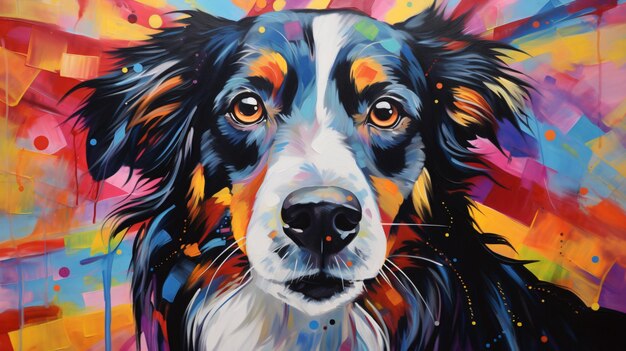 Pittura di una faccia di cane con uno sfondo colorato