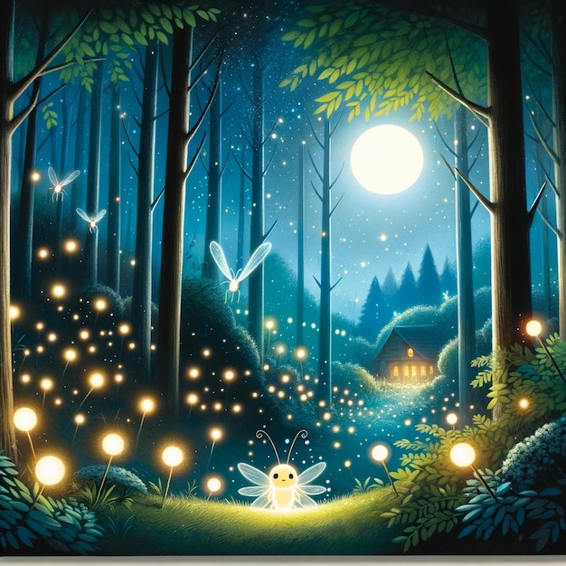 Pittura di una foresta con luci di fate