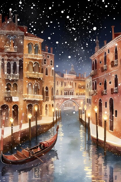 pittura di una gondola in un canale con un ponte e edifici generativi ai