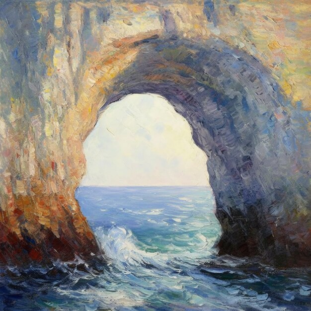 pittura di una grande formazione rocciosa con vista sul mare generativa ai