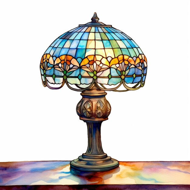 Pittura di una lampada con una tenda di vetro colorato su un tavolo generativo ai