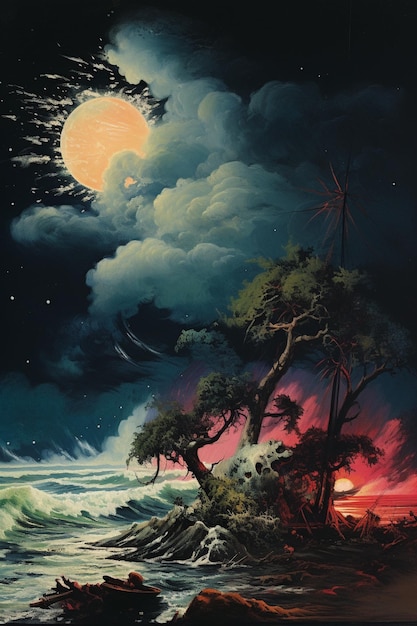 Pittura di una luna piena su una spiaggia con un albero e una barca generativa ai