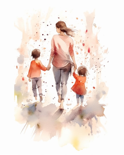 Pittura di una madre e due figli che camminano lungo un sentiero generativo ai