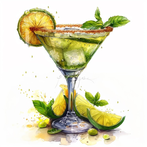 pittura di una margarita con foglie di lime e menta in un vetro generativo ai