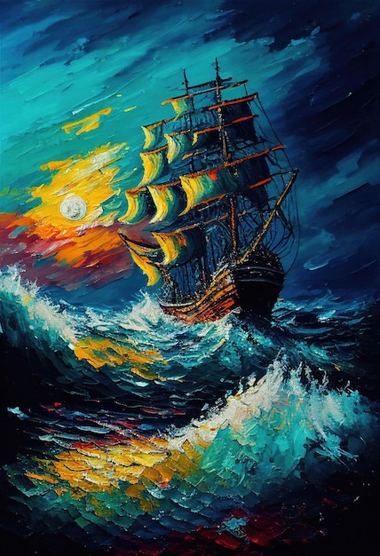 Pittura di una nave che naviga nell'oceano, ai generativa
