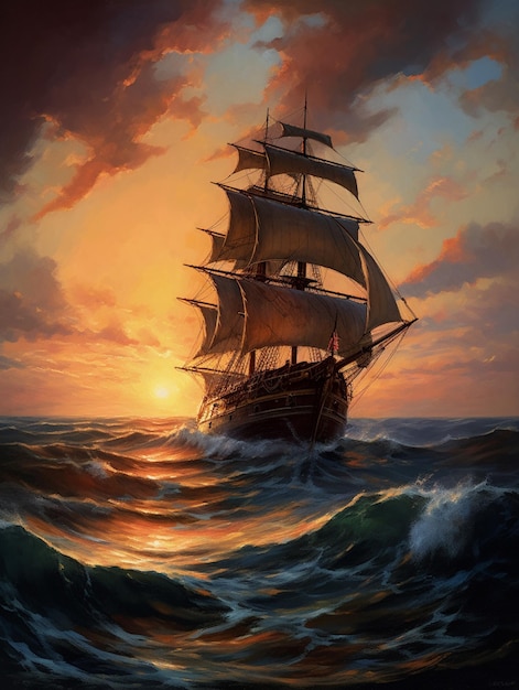 Pittura di una nave che naviga nell'oceano al tramonto generativo ai