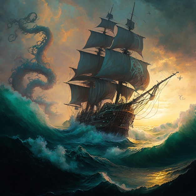 Pittura di una nave in un mare tempestoso con tentacoli di polpo generativo ai