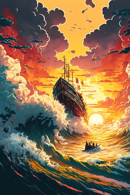 Pittura di una nave nell'oceano al tramonto ai generativa