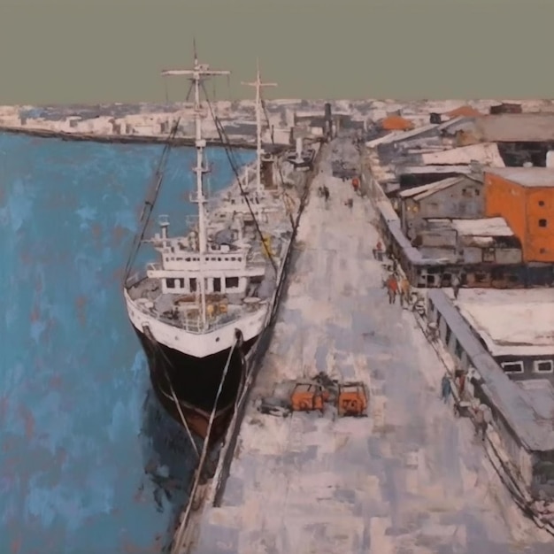 Pittura di una nave ormeggiata in un porto con una città sullo sfondo