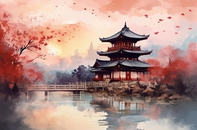 Pittura di una pagoda in un parco con un lago e alberi generativo ai