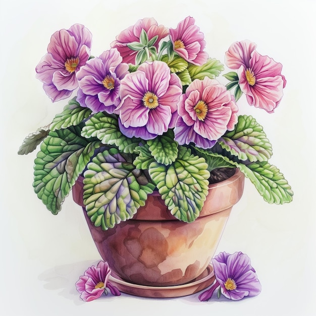 pittura di una pianta in vaso con fiori viola e foglie verdi generativa ai