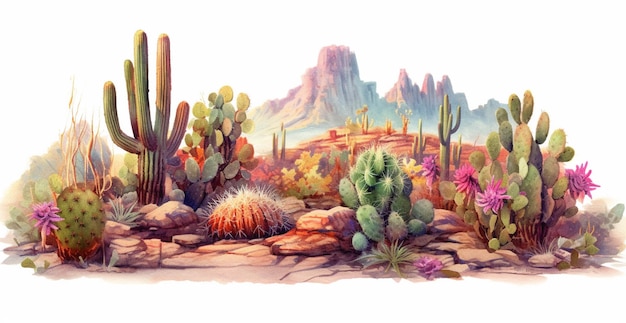 Pittura di una scena del deserto con piante di cactus e rocce generative ai