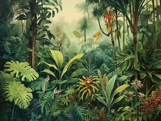 Pittura di una scena della giungla tropicale con una varietà di piante generative ai