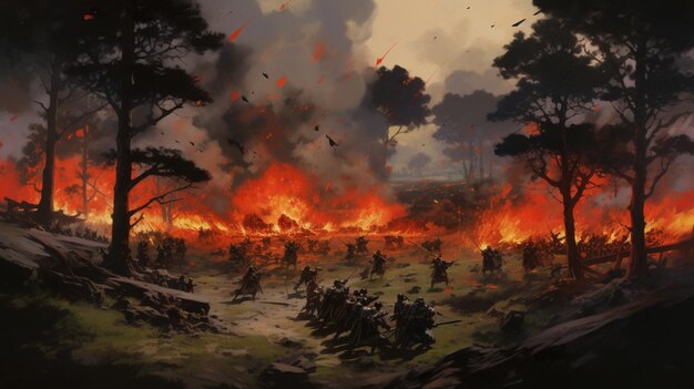 pittura di una scena di guerra con un grande fuoco in lontananza generativ ai