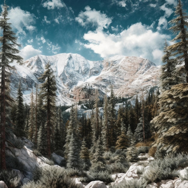 Pittura di una scena di montagna con un fiume e alberi generativo ai