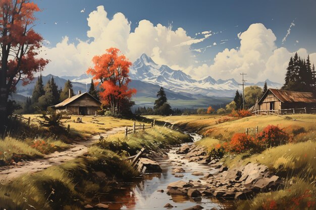 pittura di una scena di montagna con un ruscello e una cabina generativa ai