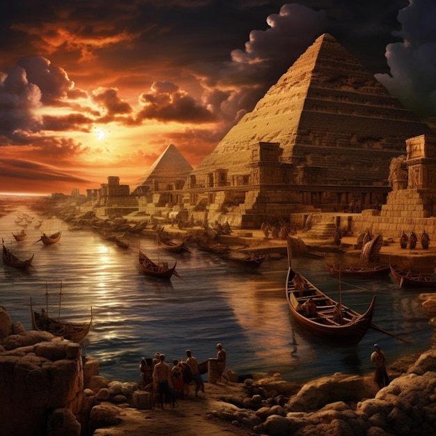 Pittura di una scena di tramonto con una barca e una piramide generativa ai