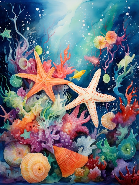 pittura di una scena di vita marina con stelle marine generativa ai