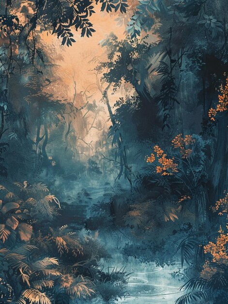 pittura di una scena forestale con un ruscello e alberi generativo ai