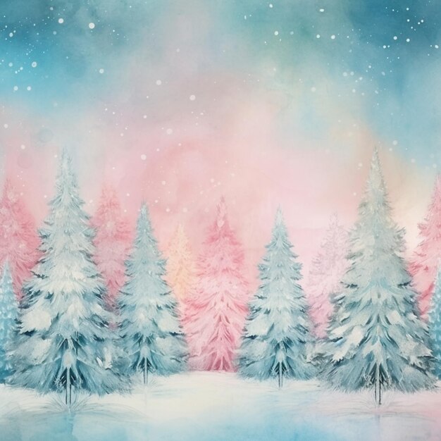 pittura di una scena invernale con alberi e fiocchi di neve generativa ai