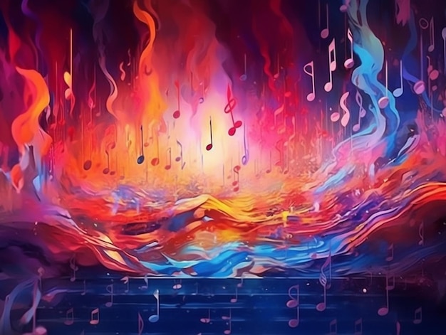 Pittura di una scena musicale colorata con note musicali e un ai generativo di fuoco