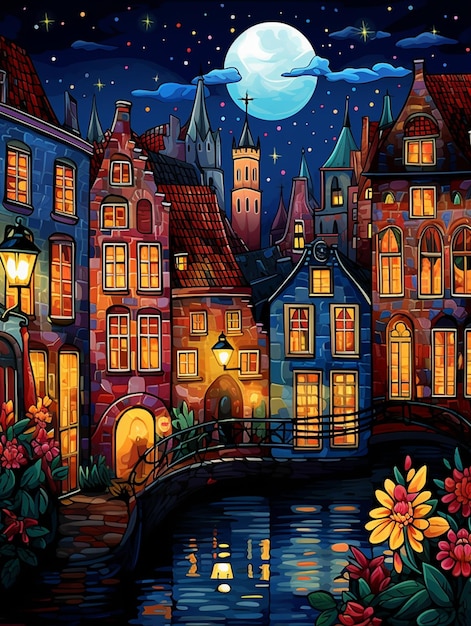 pittura di una scena notturna di una città con un ponte e fiori generativo ai