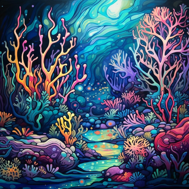 pittura di una scena sottomarina colorata con coralli e altre piante generative ai