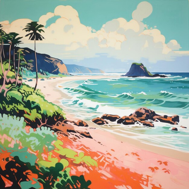 pittura di una scena sulla spiaggia con una palma e un corpo d'acqua generativo ai