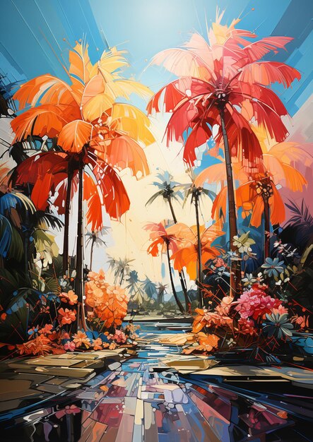 Pittura di una scena tropicale con palme e una piscina generativa ai