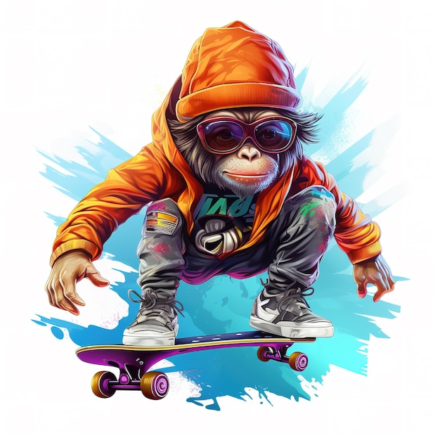 Pittura di una scimmia che gioca a skateboard su uno sfondo pulito Png per la sublimazione Stampa in stile hip hop Arte stampabile Illustrazione Generativa AI